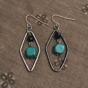 Vintage Turquoise Blue Dangle Bead and Distressed Silver Hook Earrings